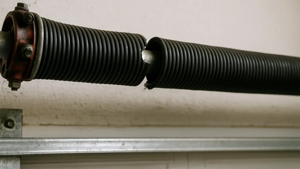 A broken or cracked garage door spring