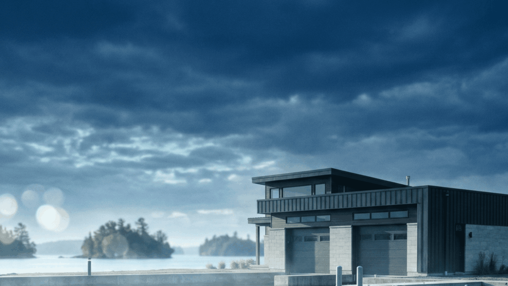A modern waterfront building, a contemporary boathouse with garage doors and large windows, sits on a dock with a small boat. Tree-covered islands are visible in the distance under a dramatic, moody blue sky, typical of the Thousand Islands region on the St. Lawrence River.