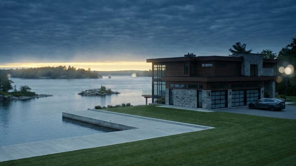 A modern waterfront home with large glass garage doors sits on a manicured green lawn next to a concrete dock. The scene is set at sunrise over the St. Lawrence River, featuring a dramatic, moody navy-blue cloudy sky and a glowing golden horizon.
