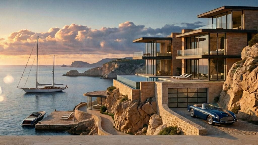 A modern multi-level luxury villa built into a rocky cliffside at sunset. A classic blue convertible car is parked on a stone driveway in front of a glass garage door. Below, a large sailing yacht and a wooden speedboat are moored in the calm ocean water next to a winding coastal walkway.