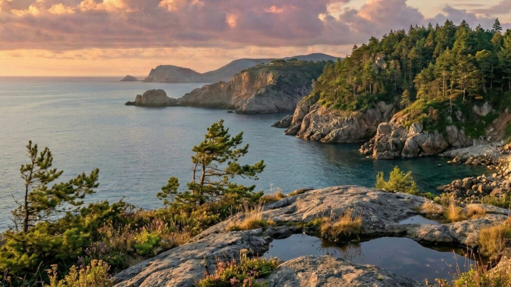 A wide-angle landscape photograph of a rugged coastal scene at sunset. Large grey weathered rocks with a tide pool puddle in the foreground reflect the vibrant pink, rose, gold, and coral-colored cumulus and cirrus clouds above. To the right, dramatic rocky cliffs covered in dense mature pine forests line the ocean bay, with distant headlands receding into the distance and a soft light flare on the left edge. Coastal grasses and wind-stunted pine saplings are nestled among the rocks.