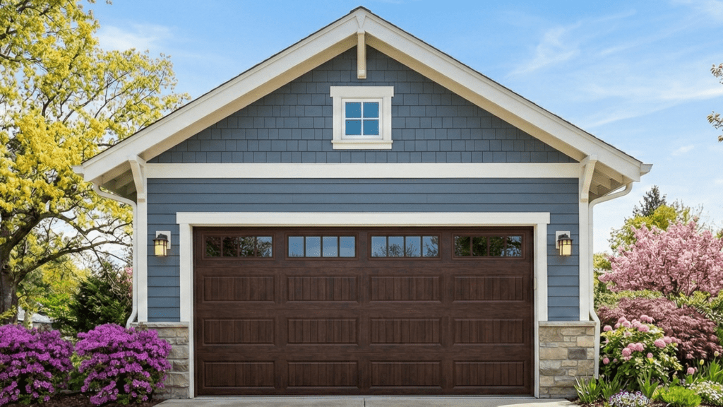 Blue craftsman-style detached garage with dark wood door and spring landscaping.
